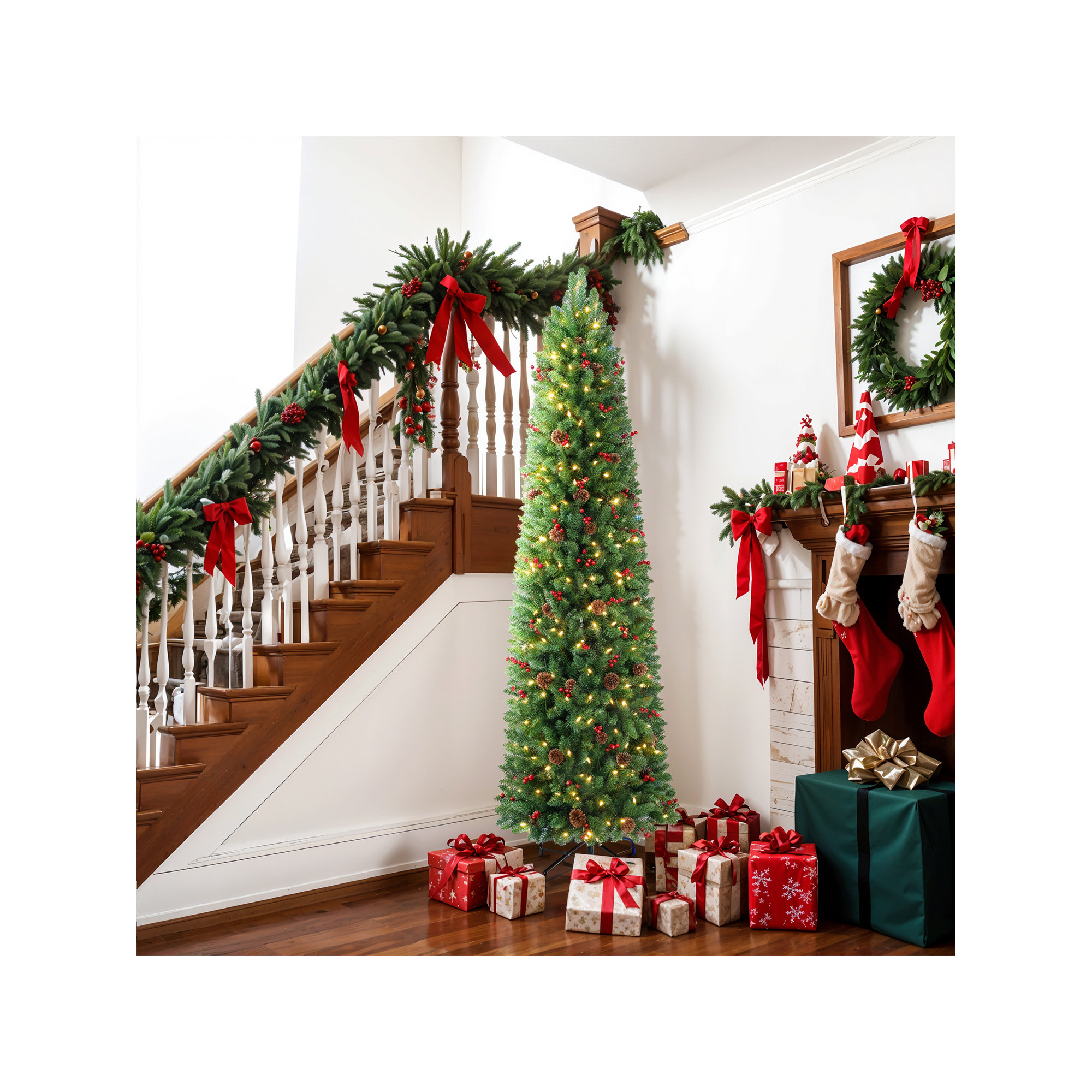 Artificial Slim Christmas Tree Multi-Color LED Lights Dual Color Remote Control, 9'