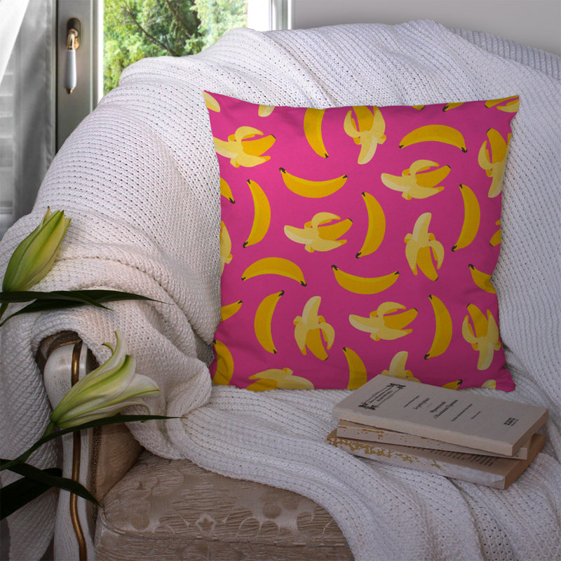 Bananas Indoor/Outdoor Throw Pillow, Pink/Yellow, 14" x 14"