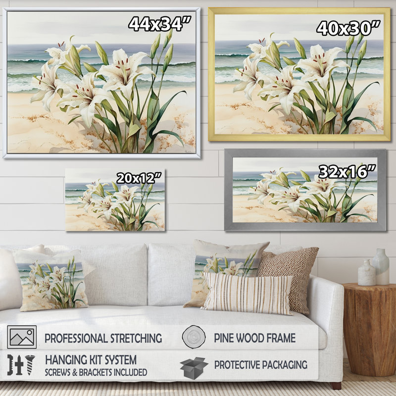 Glory Lilies on the Beach I - reproduction sur toile, Cadre flottant noir, H 12 po x l 20 po x P 1 po