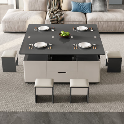 Table centrale multifonctionnelle, table basse à plateau relevable moderne avec 4 tabourets de rangement, table basse extensible