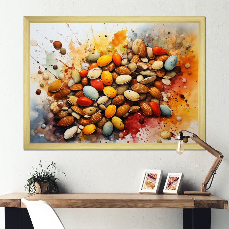 Red Nuts Explosion - Food & Beverage Canvas Wall Art, 12" H x 20" W, Gold Picture Framed