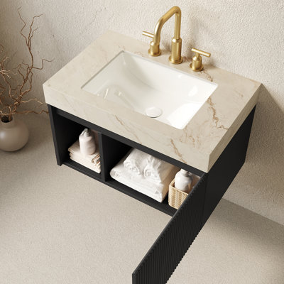 Meuble-lavabo suspendu EIDEN 76 cm (30 po), lavabo en céramique avec comptoir en pierre frittée couleur crème veinée or et lavabo en céramique avec 3 trous prépercés pour robinetterie, démonté, sans robinetterie ni bonde, couleur noire