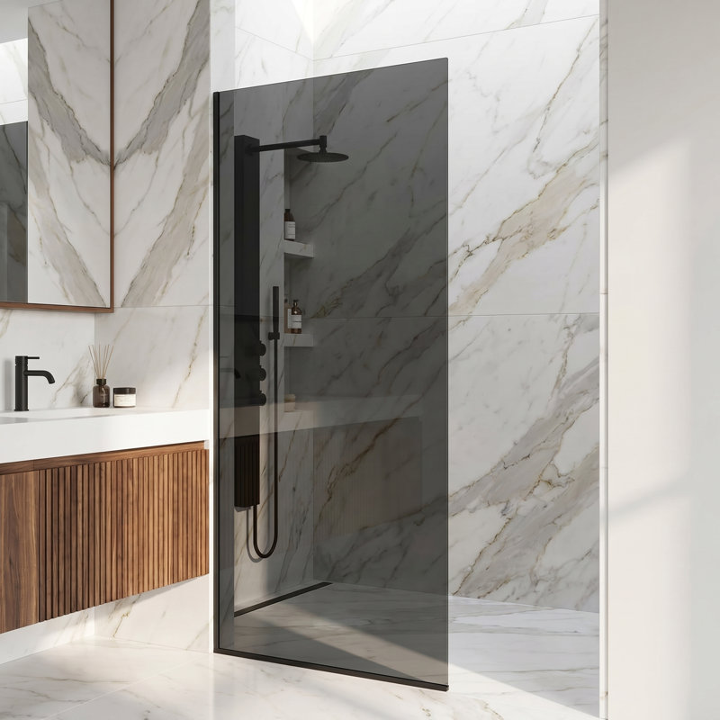 Zenith 34" W x 74" H Fixed Frameless Shower Screen with 3/8" Glass, Matte Black/Black Tint