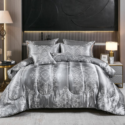 Gray Comforter Set Queen Size 8 Pieces Bed in a Bag Set Satin European Floral Comforter Set Luxurious and Vintage Gray Floral Pattern Silky Bedding Set for Room Decor