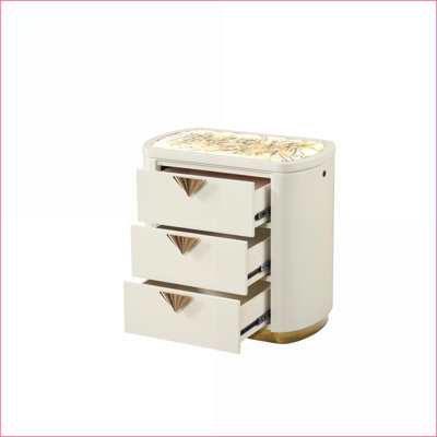 La Pierre Modern 3-Drawer Wood Nightstand with Gold Accents in Beige