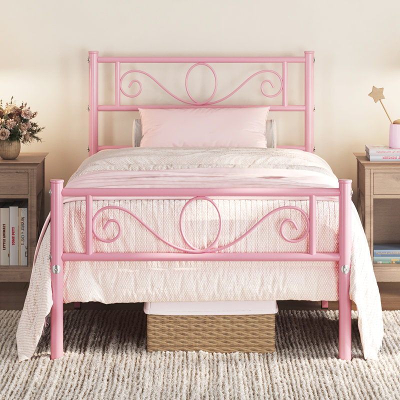 Metal Bed Frame with Headboard/Under-Bed Storage, Pink, Single (3')