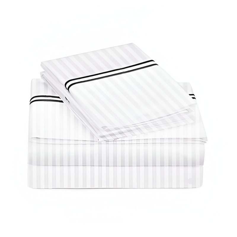 400TC Double Embroidery Sateen Stripe Cotton 4 Piece Sheet Set Fitted Sheet Fits Upto 16" Deep Pocket, Black/White