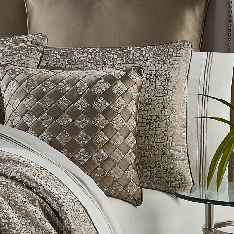 Ivory and Taupe Microfiber King Comforter Set with Satin Bed Skirt