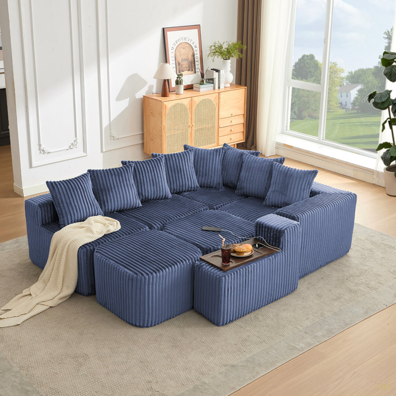 Canapé en U de 137,5 po, charge USB et sans fil, table basse avec porte-gobelet, canapé modulaire surdimensionné et mobile, repose-pieds mobile, sans assemblage, 6 sièges, velours côtelé