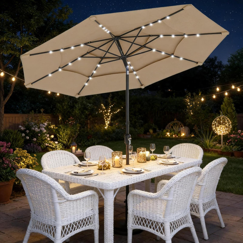Parasols de patio à énergie solaire, polyester kaki et acier, conception extérieure moderne