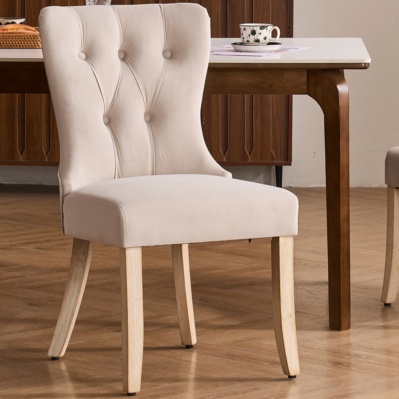 18.9'' Seat Height Mid Century Modern Dining Chairs With Solid Wood Legs, Upholstered Armless Dining Room Chair Side Chair For Kitchen Bedroom Reading Nook, Beige Suede Velvet