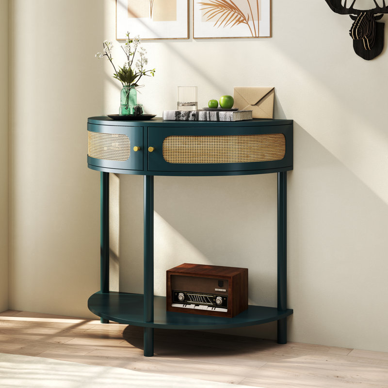 32"W×32"H Vintage Half-Moon Console Table with 2 Rattan Doors Entry Table with Bottom Shelf Hallway Table Sofa Table for Living Room