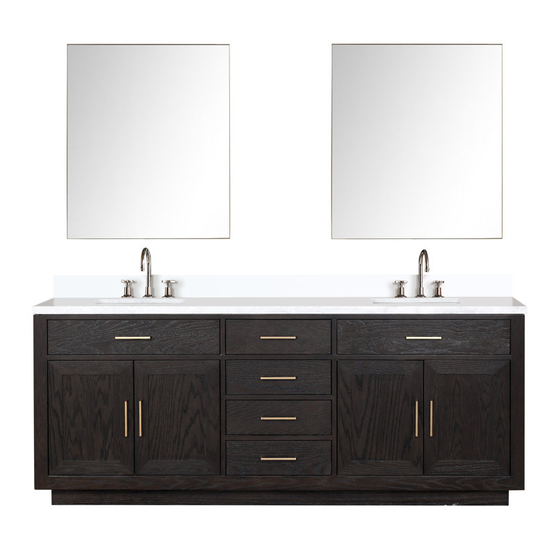 84" Double Bathroom Vanity Set with Mirror, Black Oak, White Cultured Marble