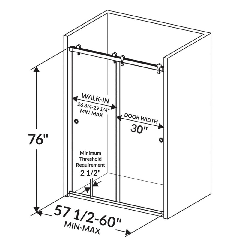 Porte de douche réversible coulissante sans cadre H 60 po x H 76 po Hawaii, Argent argent