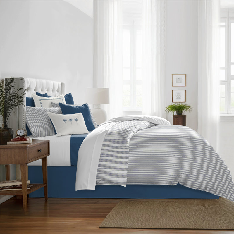 Pacific Stripe Reversible Cotton Duvet Cover Set, Denim, Queen Duvet Cover + 2 Queen Shams