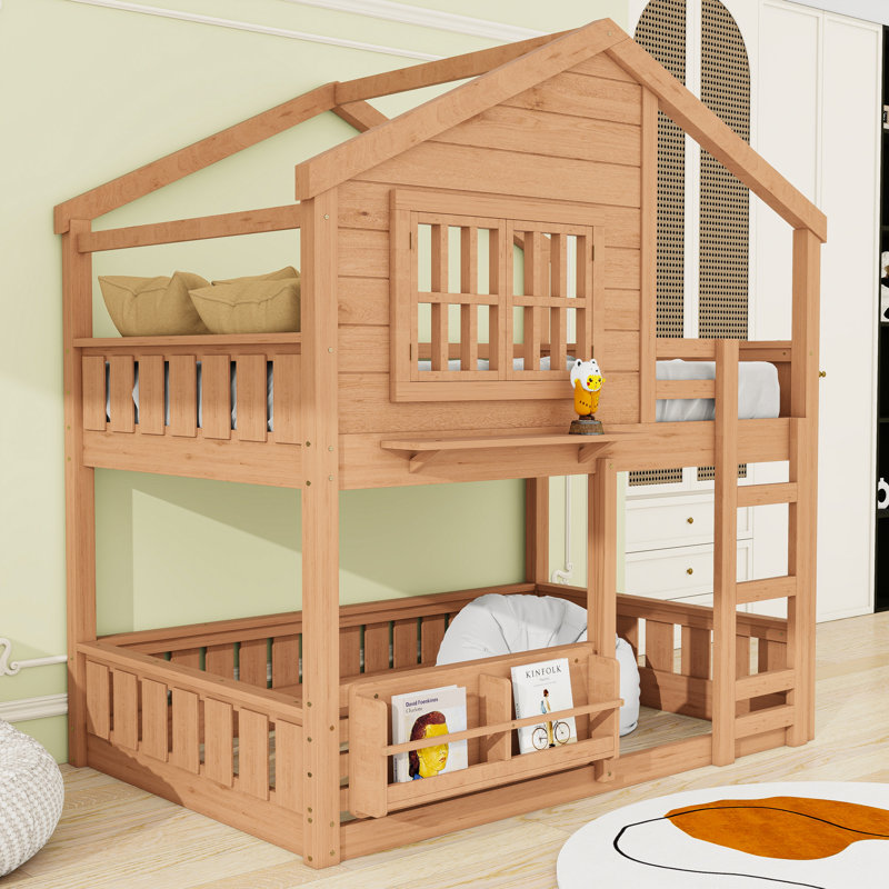 Wood House Bunk Bed with Ladder, Full over Full