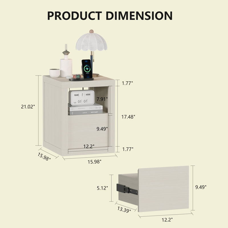 Table de chevet, ensemble de 2 avec station de charge cachée, table de chevet étroite avec 2 prises de courant, ports USB et de type C, tiroir et tablette ouverte, table de bout à grain de bois pour petits espaces de chambre à coucher (chêne clair, l 15,98 po)