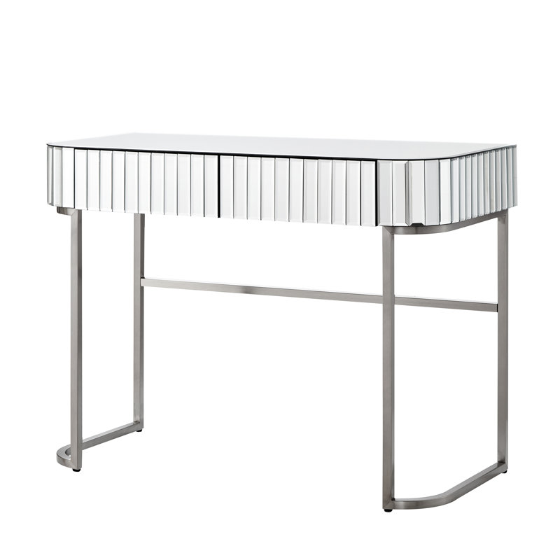 Console à miroir de 39 po avec base en acier inoxydable, 2 tiroirs de fabrication créative, polyvalente pour la chambre à coucher et le bureau, argent, élégance contemporaine et chic