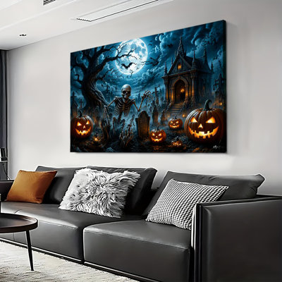 Squelette se relevant dans un cimetière au clair de lune avec des citrouilles d'Halloween, art sur toile, scène de cimetière effrayante
