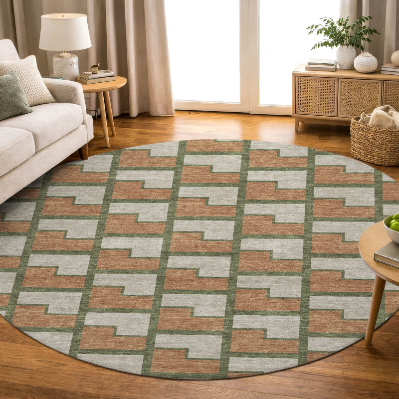 Premium Machine Washable Mayfield AMF2416 Geometric Rug, 8' Round, Copper