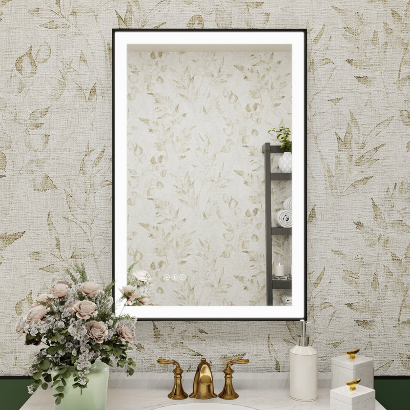 Miroir de salle de bain à DEL en verre trempé à intensité variable avec cadre en aluminium noir, 36 po x 24 po, Rectangle