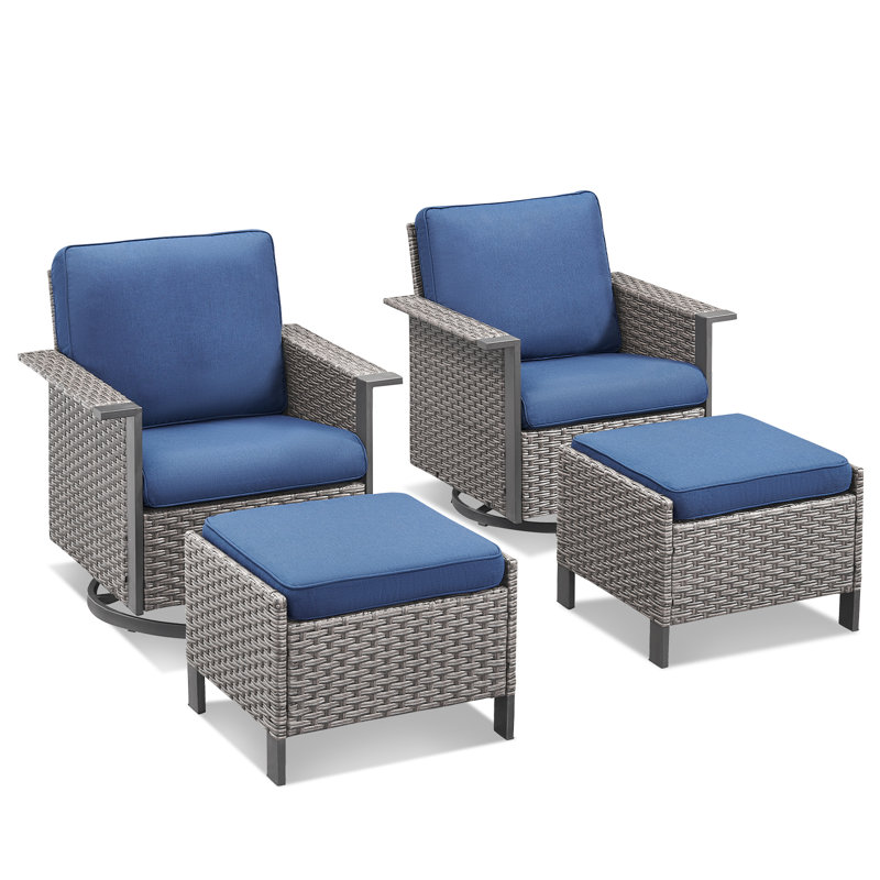 Chaises berçantes pivotantes d'extérieur en osier avec repose-pieds 4 pièces Coady, Bleu, Gris