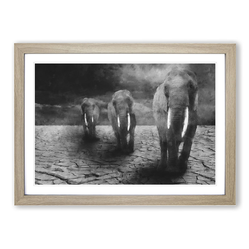 Three Elephants - Picture Frame Graphic Art, 27cm H x 36cm W x 2cm D, Oak