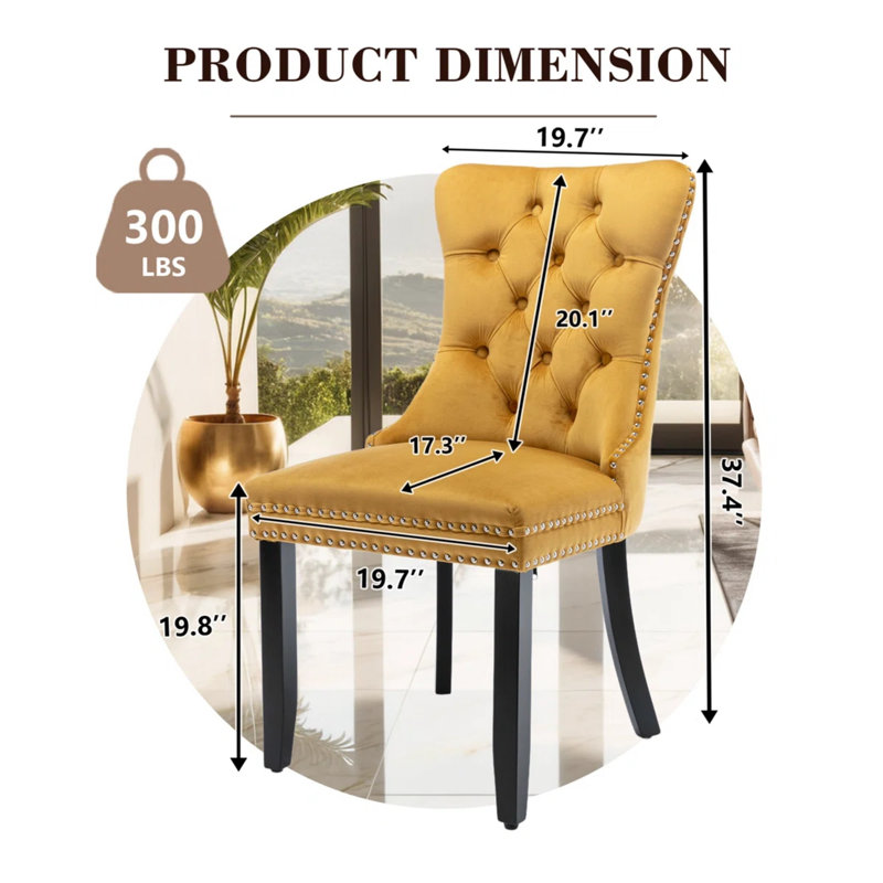 2PCS Modern Velvet Wingback Tufted Solid Wood Upholstered Dining Chairs (Set of 2), Yellow