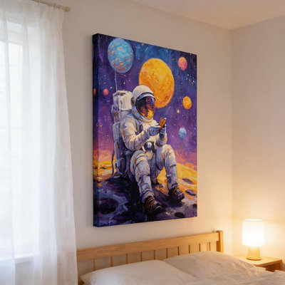 Canvas Wall Art Framed Astronaut Space Galaxy Planet Vibrant Colorful Whimsical Fun Pop Art Modern Textured Impressionist Wall Decor for Living Room Office Game Room Outer Space Decor 16x24 Inches