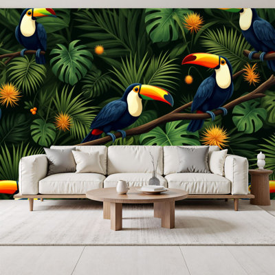 Peel and Stick Wallpaper Tropical Jungle Toucans Exotic Leaves Wall Murals 69"H x 96"W Removable PVC Wall Paper Self-Adhesive Wall Paintings Art Decor for Bedroom Living Room