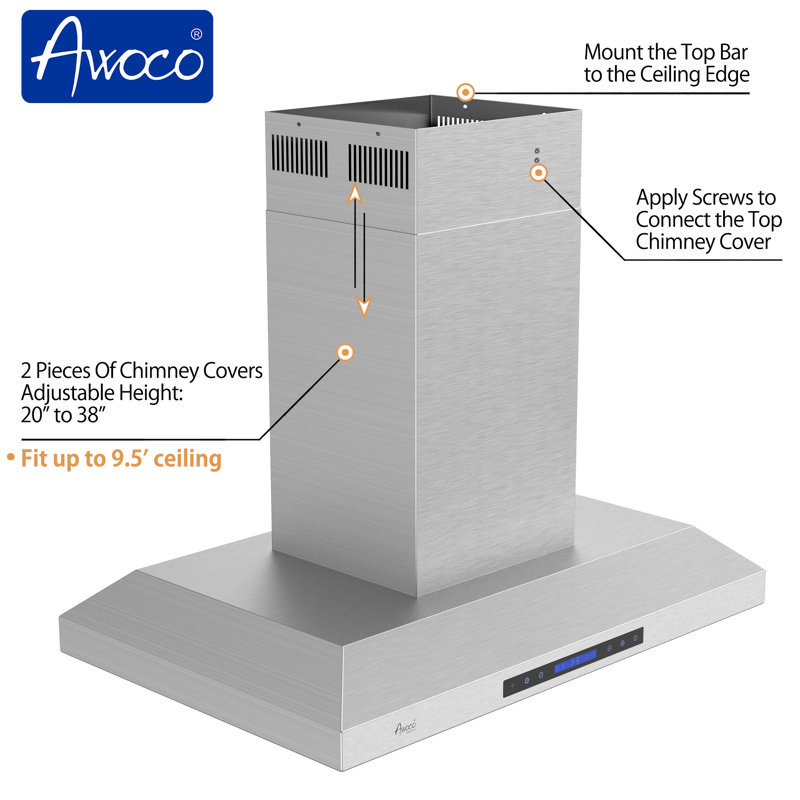 Awoco 36" Stainless Steel 900 CFM Ducted (Vented) Island Range Hood with Baffle Filter