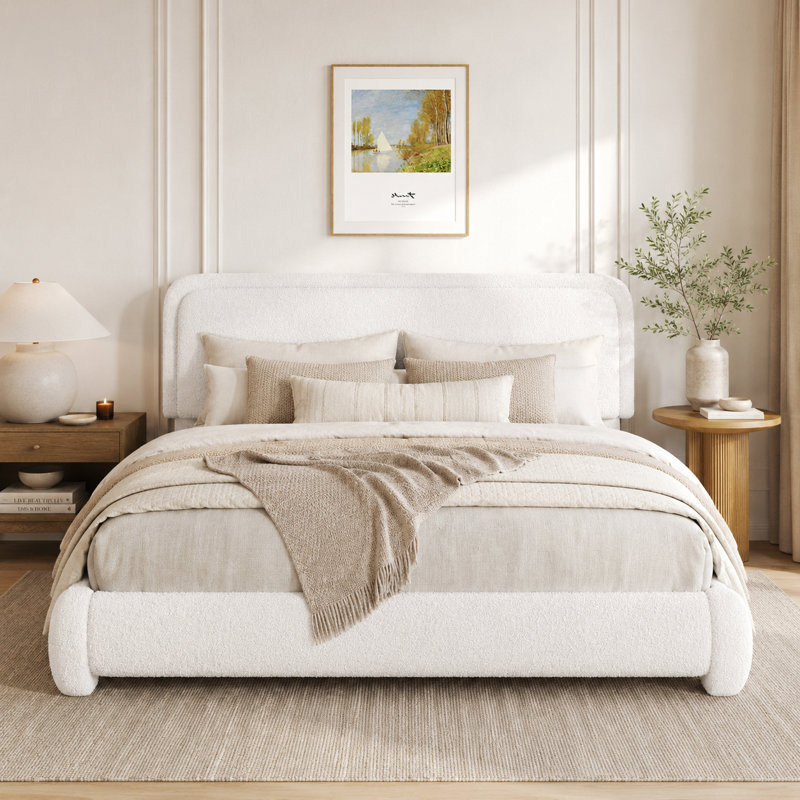 Boucle Bed Frame with Adjustable Headboard, Upholstered Bed Frame with Soft Rounded Corners, No Box Spring Needed/Easy Assembly/Noise Free