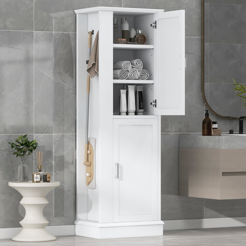 Tall Freestanding Bathroom Storage Cabinet, White MDF With Hook And Adjustable Shelf | Gift Idea, White