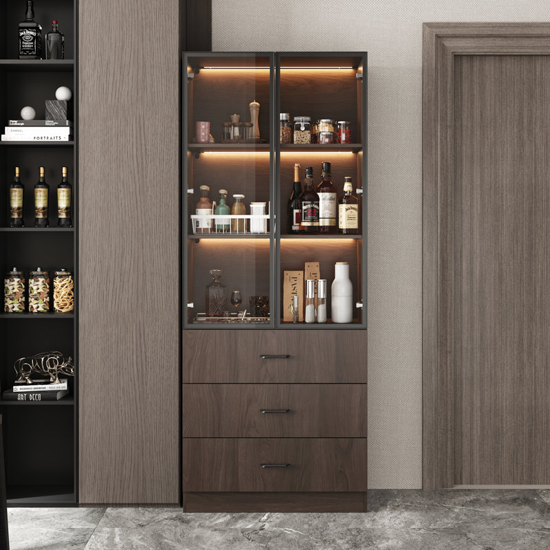 Modern Aluminum Frame Bookcase With Tempered Glass Doors, 3-Color LED Lighting, And Storage Drawers