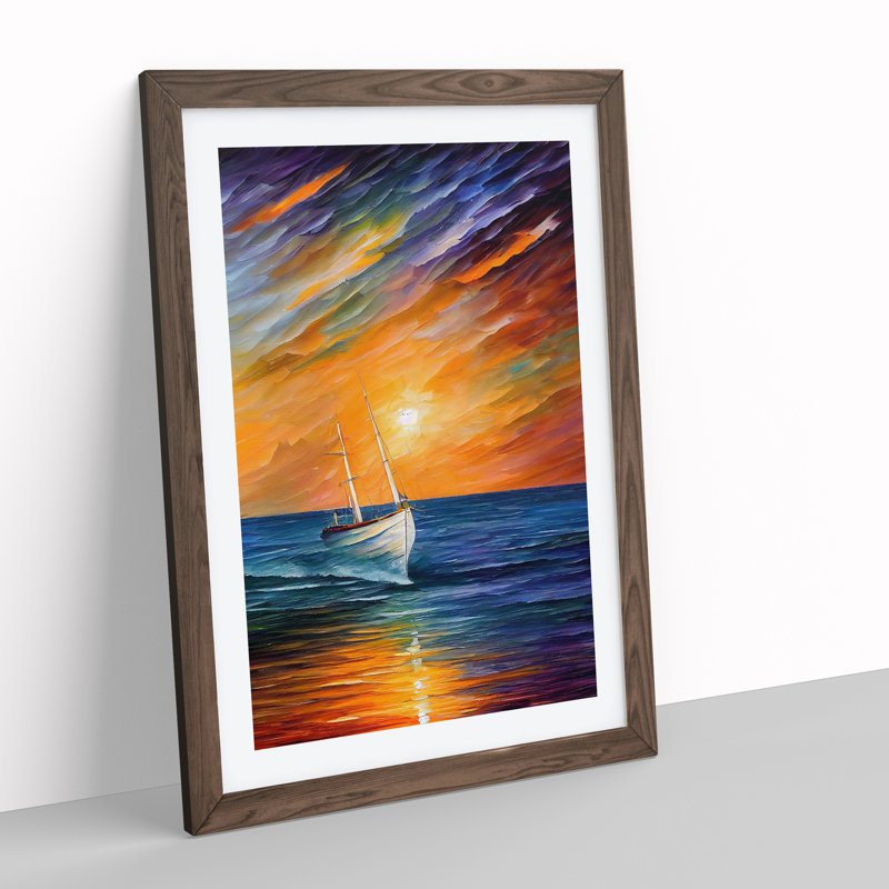 Boat at Sunset No.4 - Wall Art, 36cm H x 27cm W x 2cm D, Walnut Framed, White