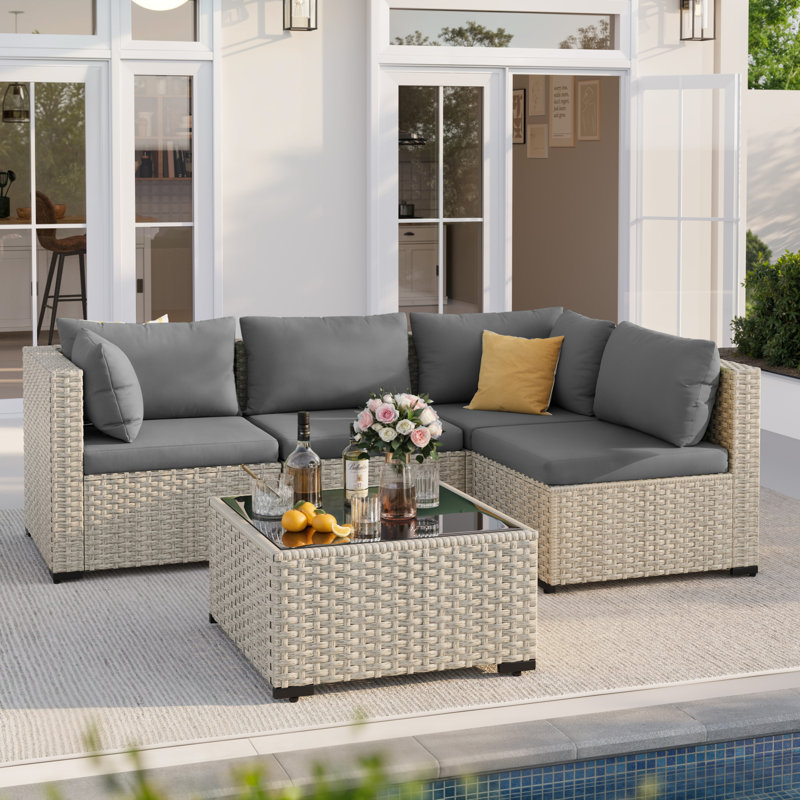 5 Piece Patio Conversation Set With Coffee Table And Cushions, Gray