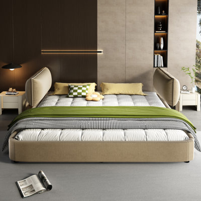 Lit très grand nuage, tête de lit mobile surdimensionnée et rembourrée, revêtement en chenille, lattes en métal et bois de pin, sans sommier, chameau, lit de style familial avec revêtement, coin arrondi,