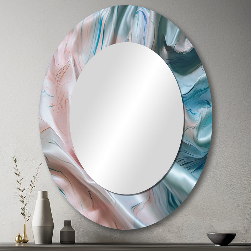 «Pink Blue Dancing Colors II» - Miroir décoratif ovale abstrait sur métal, 43 po x 33 po