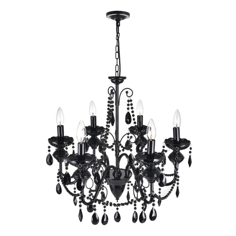 Lustre noir 6 lumières 22 po Jax - Élégant plafonnier candélabre en cristal pour chambre à coucher, salle à manger ou entrée