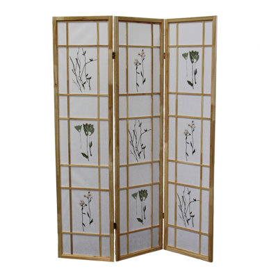 3 Natural Solid Pine Screen 70" Tall For Room Divider, Traditional Asian, Floral Print, 50w X 70h Inches Asian Divider Screen, With