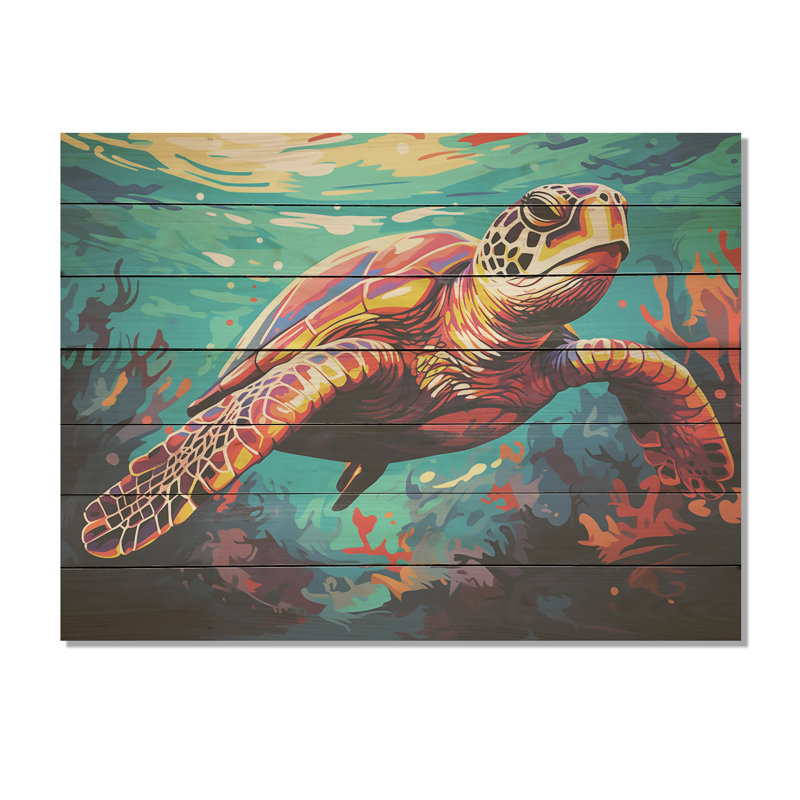 Pop Art, tortue curieuse, danse aquatique - animal tortue sur bois, H 10 po x l 20 po