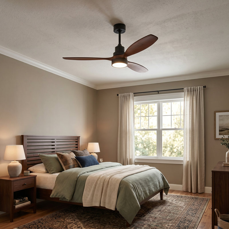  52-inch Modern Ceiling Fan with Light, 3 Solid Wood Blades, DC Motor, 6 Speeds, Downrod Mount for Bedroom, Living Room