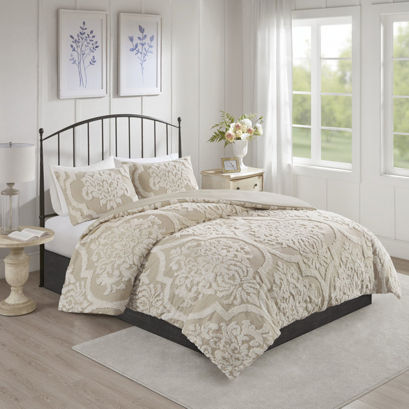 Ensemble d'édredon damassé en coton 3 pièces taupe, Édredon grand + 2 taies d'oreiller