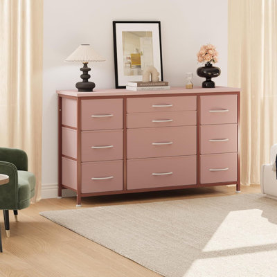 Meuble télé 10 tiroirs pour téléviseur 55 po, commode en tissu 47 po avec prises de courant, grande structure de divertissement en acier pour le salon, placard, vestibule, noir