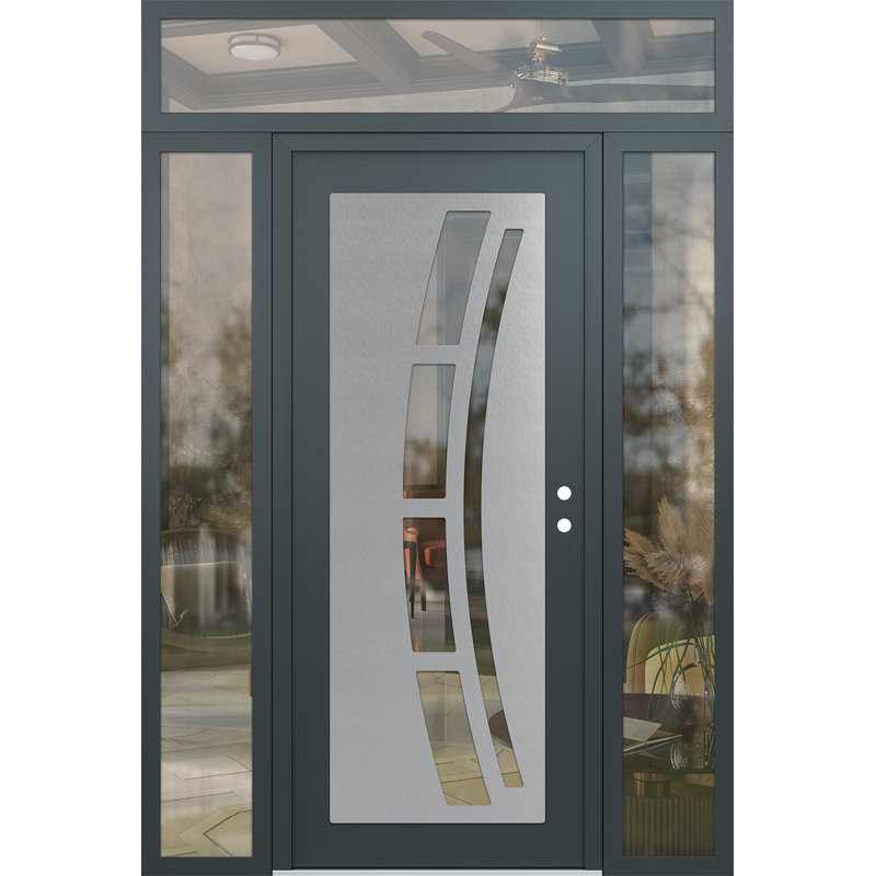 C12 C12 X 96 po Panneau d'entrée en acier argenté anthracite et verre transparent anthracite avec 2 portes d'entrée latérales et porte avant en verre transparent