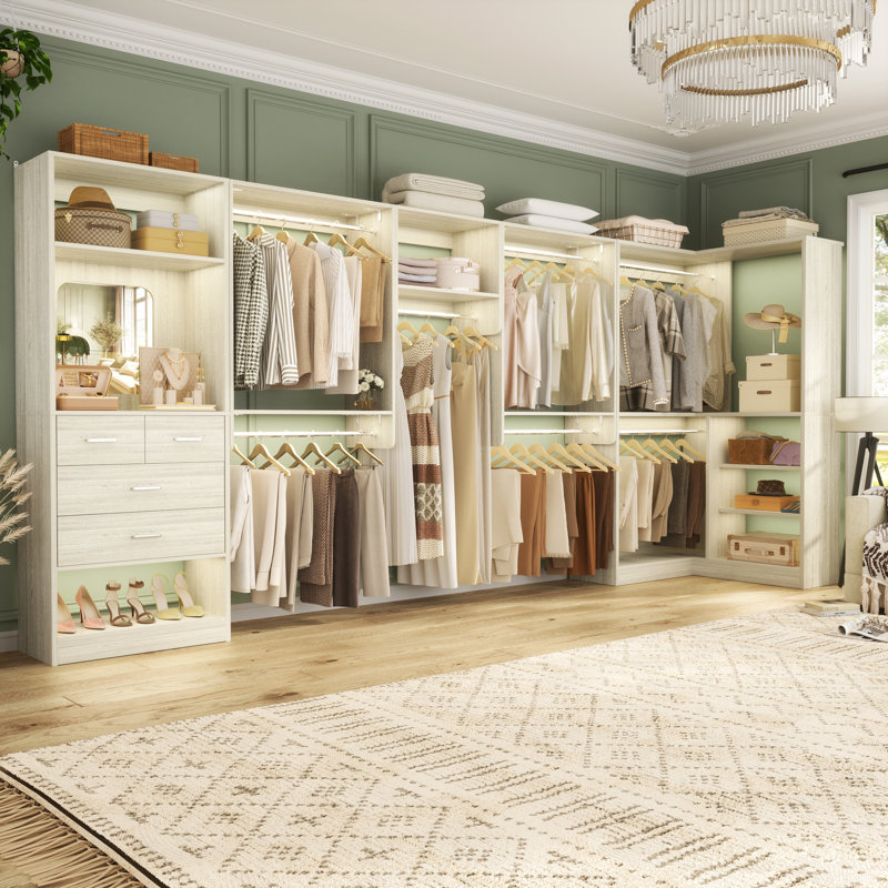 Closet System With Drawers And Mirror, Corner Closet Organizer With Hanging Rods And Shelves, Washed Oak