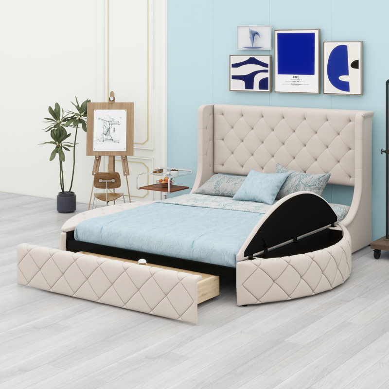 Lit plateforme tapissier avec tête de lit à oreilles et 1 grand tiroir, 2 tabourets de rangement latéraux, Beige