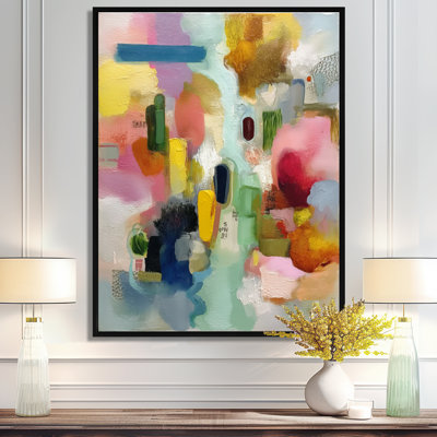 Pink Minimalism Painting With Shapes Of Yellow - Geometric Wall Art, Pink Modern Canvas Print