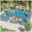 Ensemble de patio 7 pièces en osier gris avec coussins amovibles bleu clair et table basse en verre pour l'extérieur, la piscine et la cour