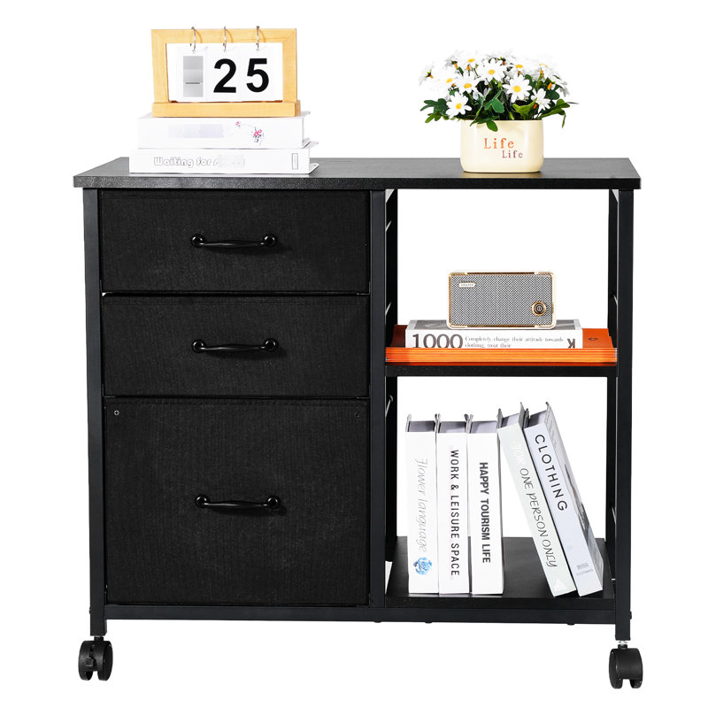 Classeur mobile avec 3 tiroirs et 2 tablettes ouvertes en noir, parfait pour catégoriser les petits articles de bureau, étagères en tissu noir non tissé à structure stable, fournitures de rangement faciles à déplacer, grattoir